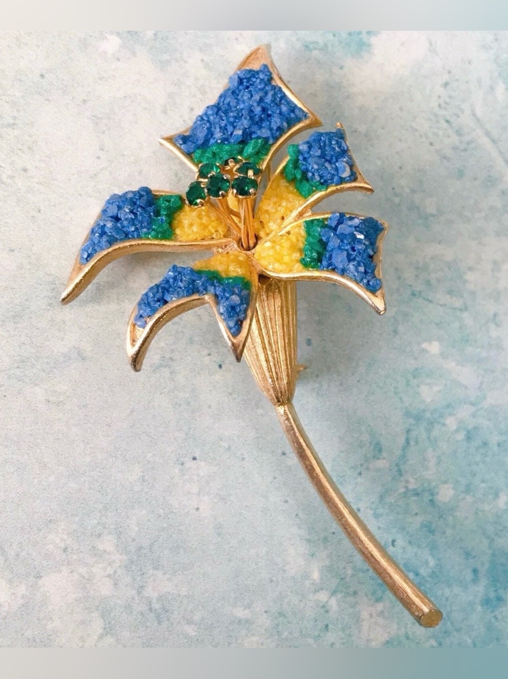 Vintage Signed ST. LABRE Blue Mosaic Flower Brooch 3.75” Large